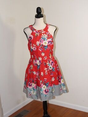 Trixxi,  Red Floral Halter Dress with Striped Hem with lace up back